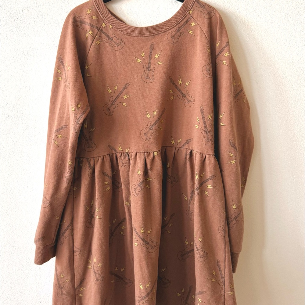 Rylee and Cru Brown long-sleeve Guitar Print Kids Dress